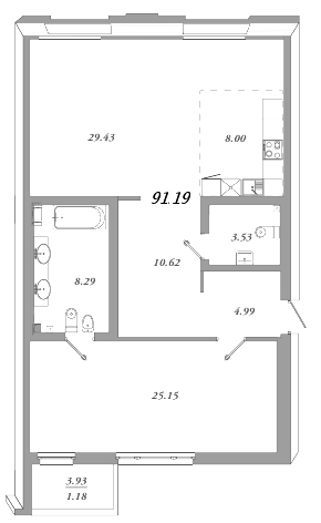 1-комнатная квартира  №43 в Приоритет: 95.3 м², этаж 4 - купить в Санкт-Петербурге