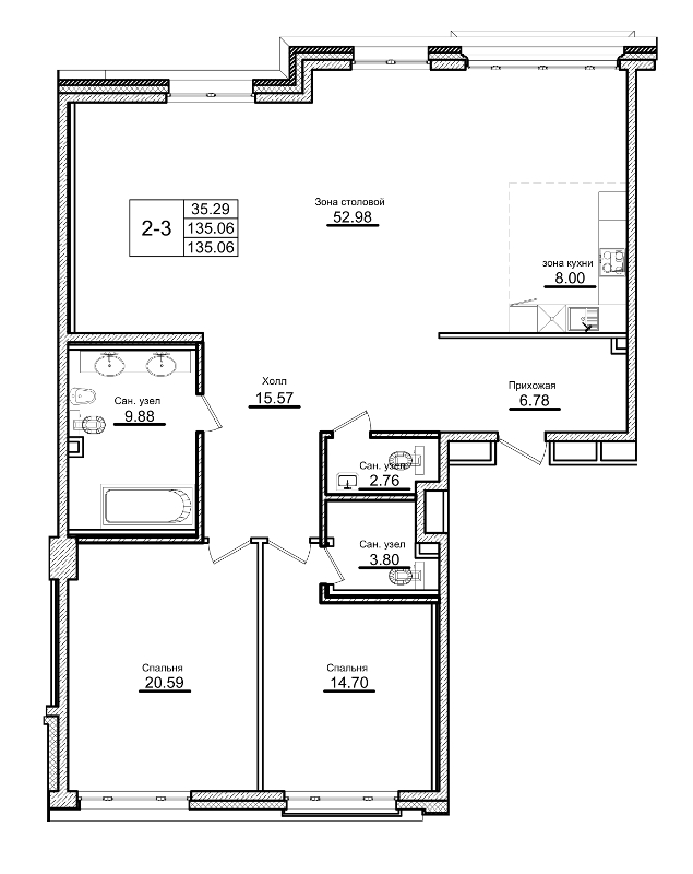 2-комнатная квартира  №23 в Приоритет: 139.2 м², этаж 2 - купить в Санкт-Петербурге