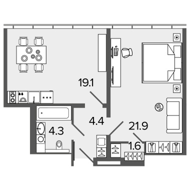 1-комнатная квартира  №1609 в М103: 50.9 м², этаж 16 - купить в Санкт-Петербурге