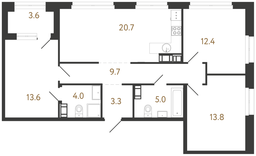 3-комнатная квартира  №25 в Куинджи: 82.5 м², этаж 5 - купить в Санкт-Петербурге