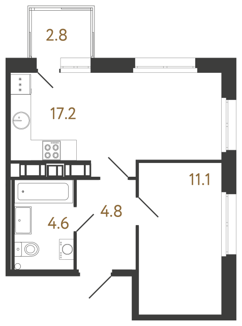 1-комнатная квартира  №396 в Куинджи: 37.7 м², этаж 8 - купить в Санкт-Петербурге