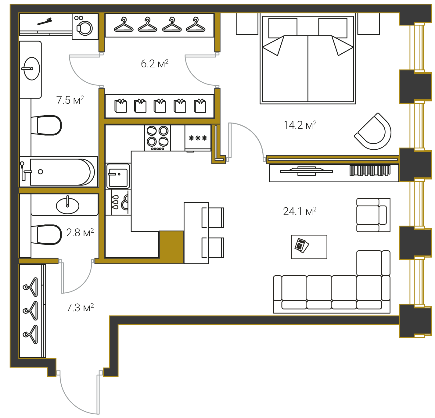 1-комнатная квартира  №111 в Институтский,16: 62.1 м², этаж 3 - купить в Санкт-Петербурге