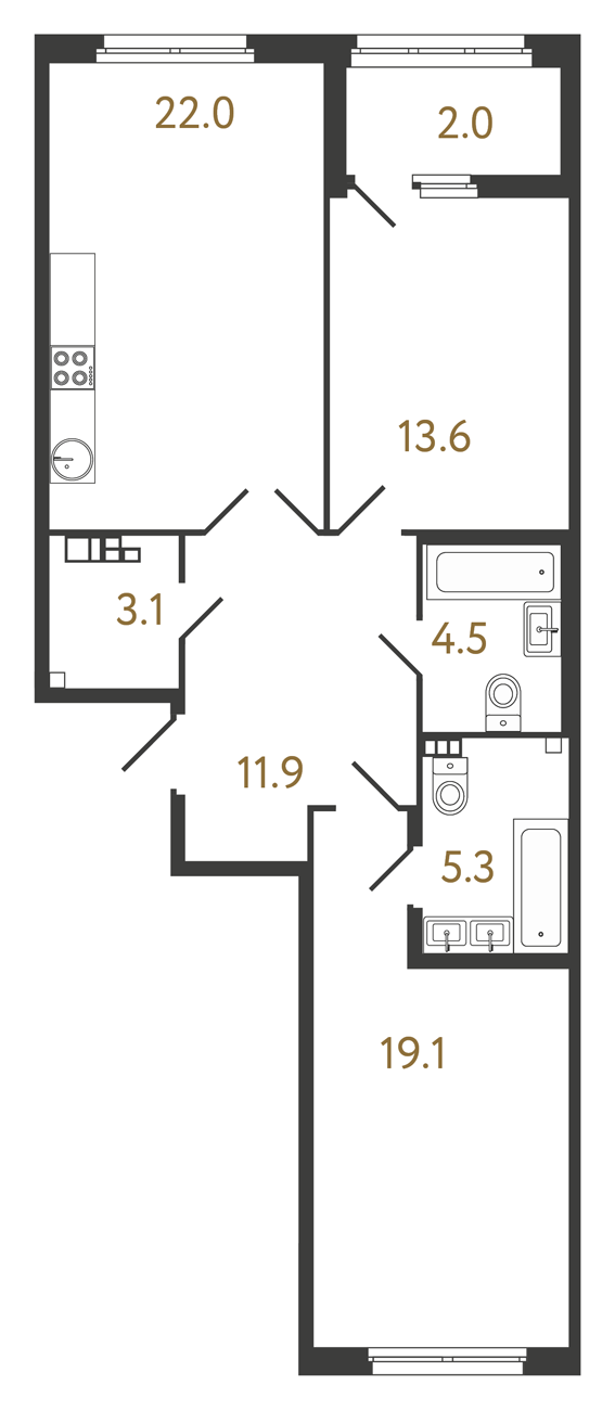 2-комнатная квартира  №148 в Neva Residence: 79.5 м², этаж 4 - купить в Санкт-Петербурге