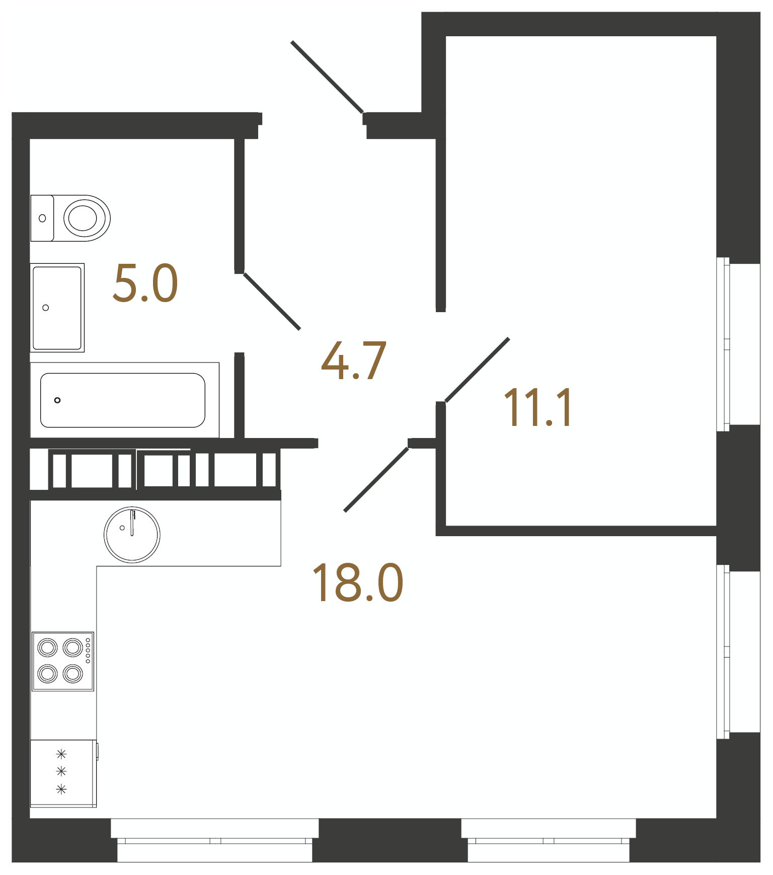 1-комнатная квартира  №533 в Куинджи: 38.8 м², этаж 9 - купить в Санкт-Петербурге
