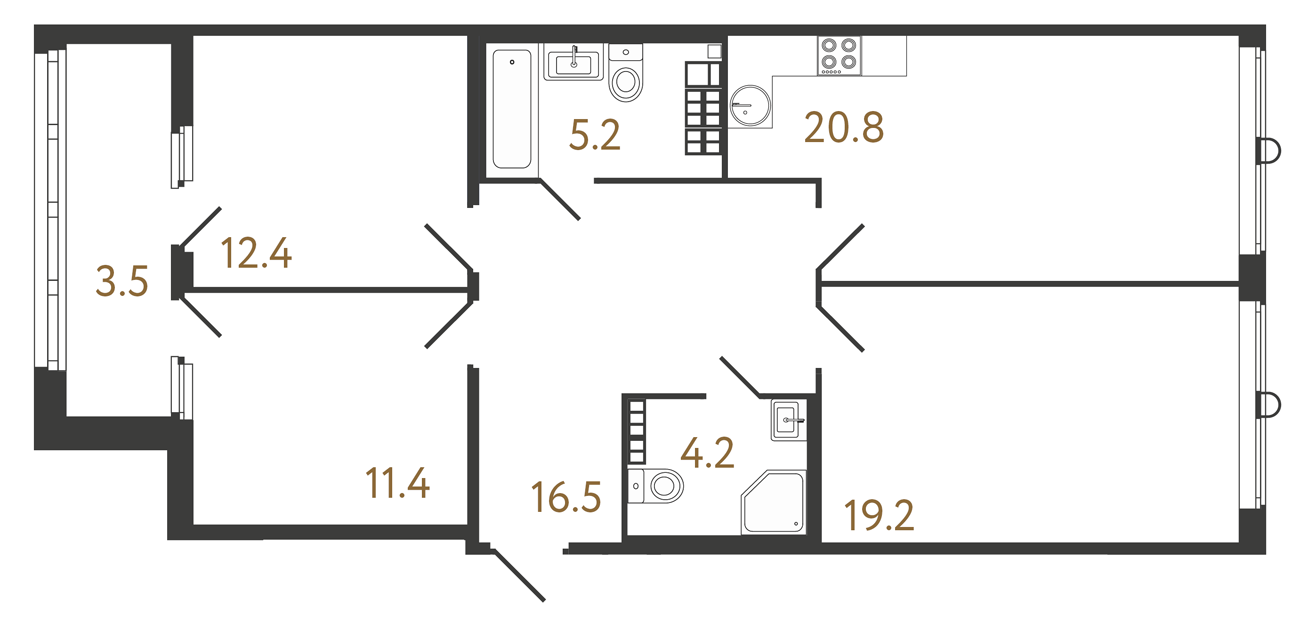 3-комнатная квартира  №114 в Миръ: 89.7 м², этаж 6 - купить в Санкт-Петербурге