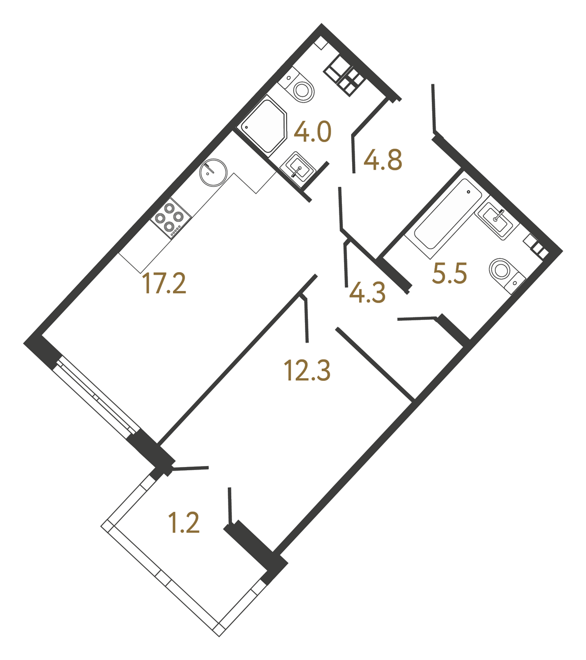 1-комнатная квартира  №213 в Миръ: 48.3 м², этаж 4 - купить в Санкт-Петербурге