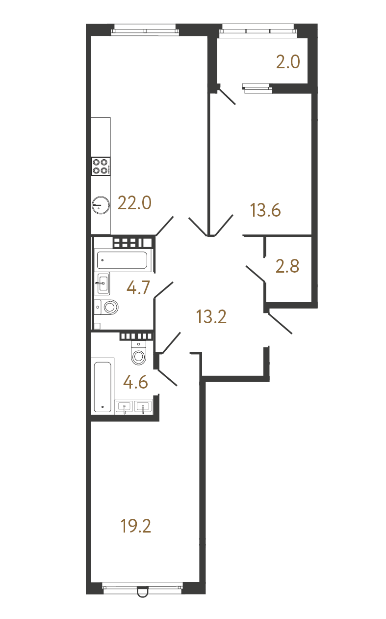 2-комнатная квартира  №127 в Миръ: 80.1 м², этаж 7 - купить в Санкт-Петербурге