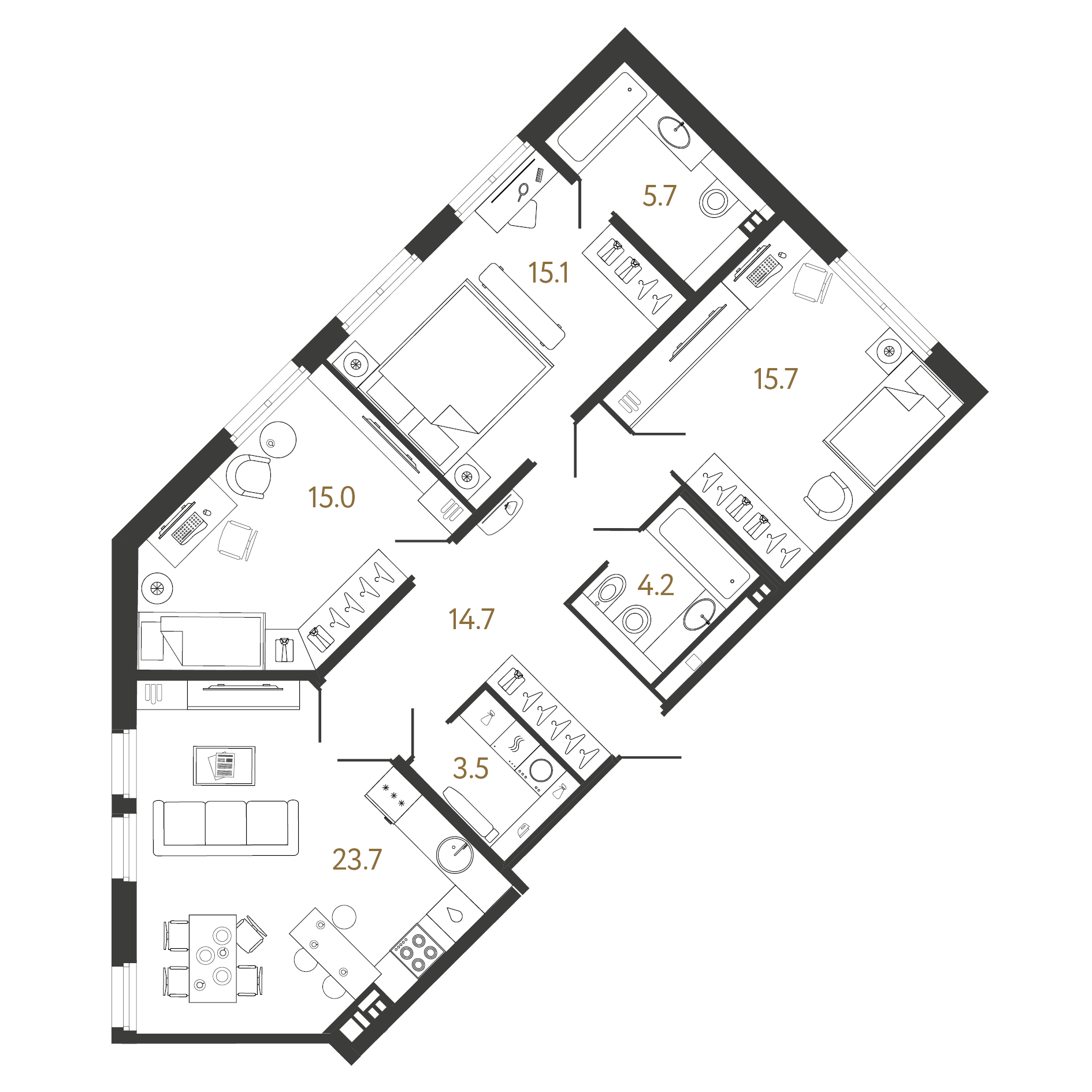 3-комнатная квартира  №251 в Миръ: 97.6 м², этаж 3 - купить в Санкт-Петербурге