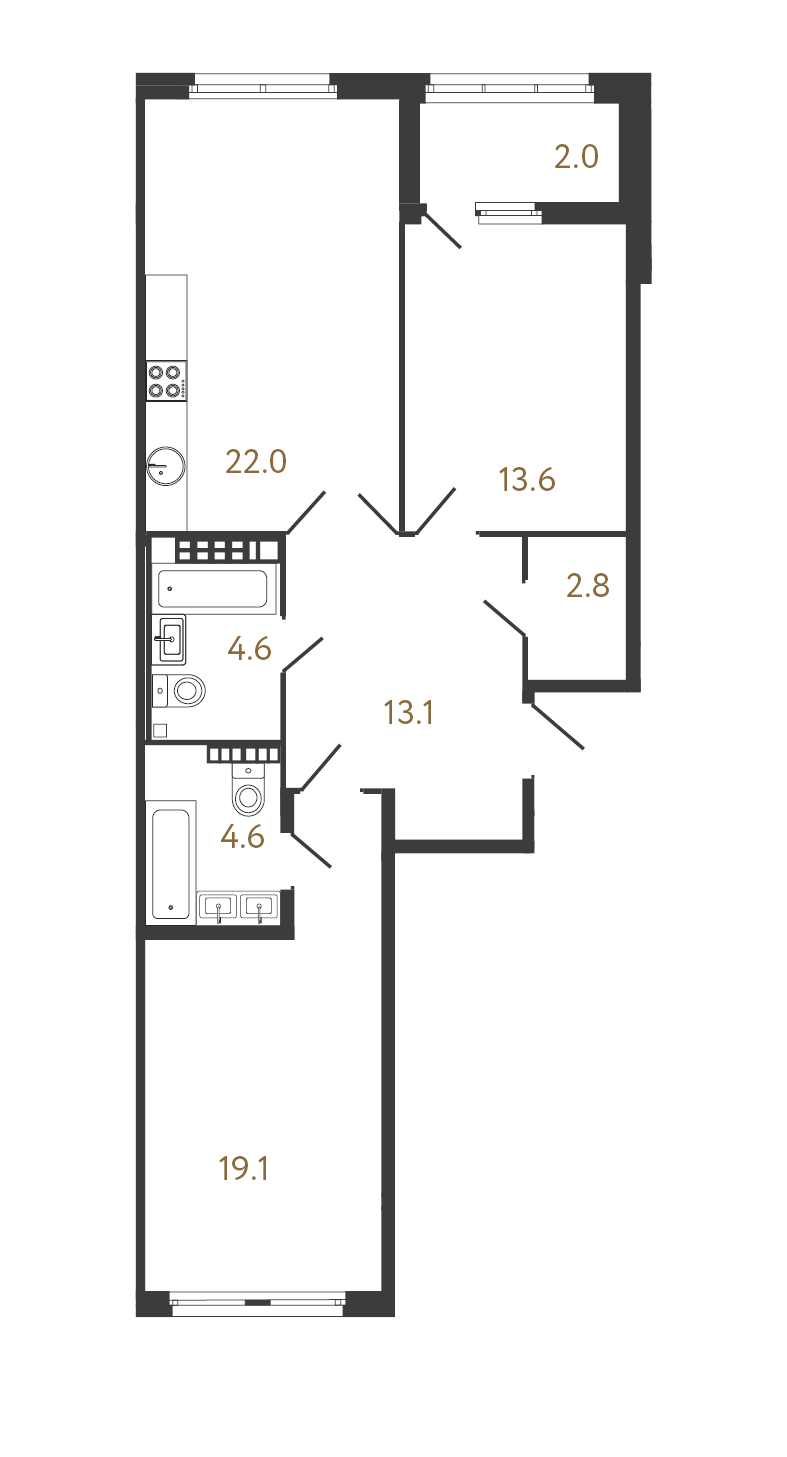 2-комнатная квартира  №132 в Миръ: 79.8 м², этаж 8 - купить в Санкт-Петербурге