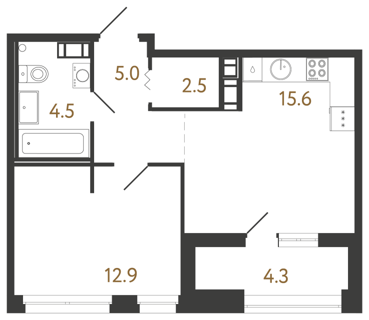 1-комнатная квартира  №449 в Neva Haus: 40.5 м², этаж 13 - купить в Санкт-Петербурге