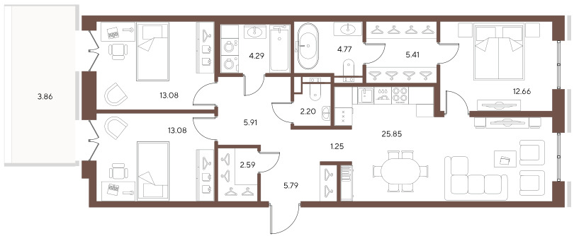 3-комнатная квартира  №127 в Большой, 67: 96.88 м², этаж 2 - купить в Санкт-Петербурге