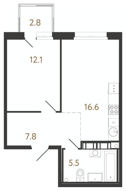 1-комнатная квартира  №236 в Куинджи: 42 м², этаж 14 - купить в Санкт-Петербурге