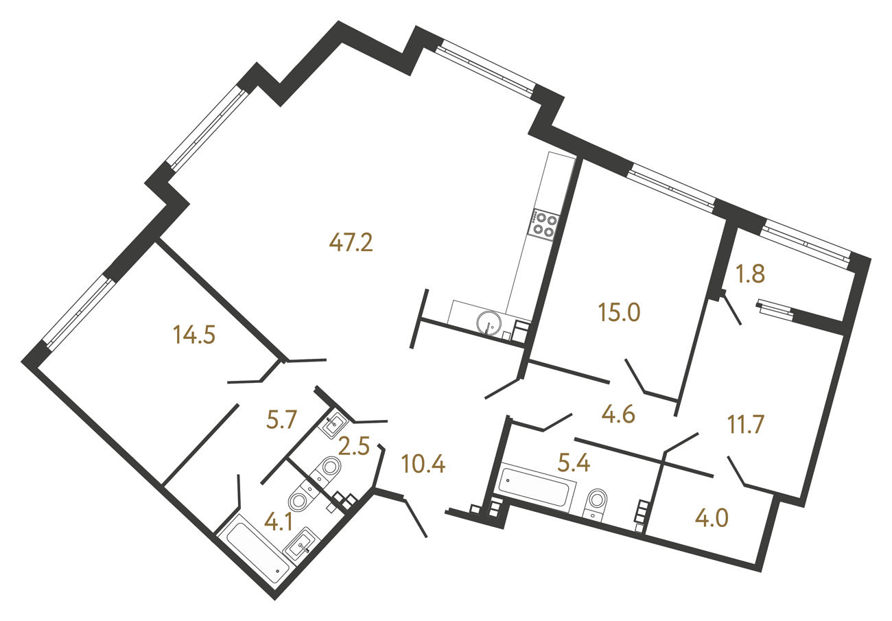 3-комнатная квартира  №8 в Миръ: 125.1 м², этаж 4 - купить в Санкт-Петербурге