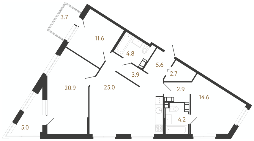 3-комнатная квартира  №242 в Куинджи: 96.2 м², этаж 14 - купить в Санкт-Петербурге