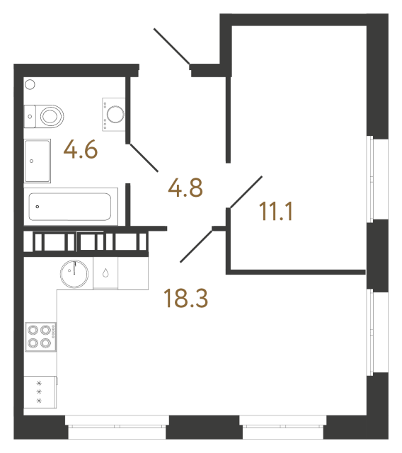 1-комнатная квартира  №553 в Куинджи: 38.8 м², этаж 11 - купить в Санкт-Петербурге