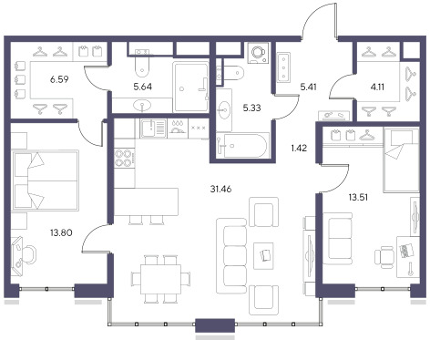 2-комнатная квартира  №57 в Большой, 67: 87.27 м², этаж 7 - купить в Санкт-Петербурге