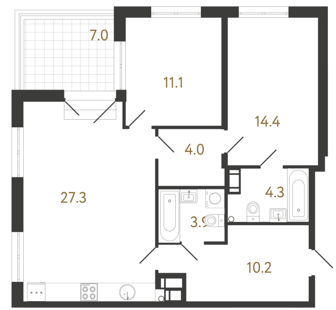 2-комнатная квартира  №564 в Струны I: 75.2 м², этаж 22 - купить в Санкт-Петербурге
