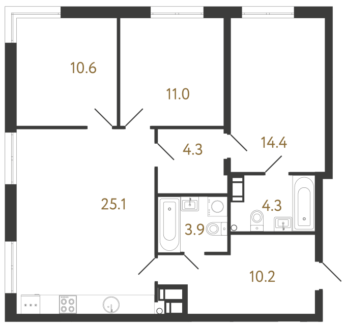3-комнатная квартира  №560 в Струны I: 83.8 м², этаж 21 - купить в Санкт-Петербурге