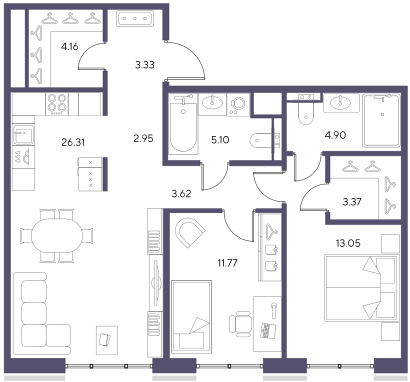 2-комнатная квартира  №99 в Большой, 67: 78.56 м², этаж 2 - купить в Санкт-Петербурге