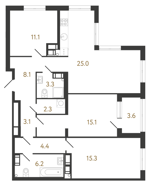 3-комнатная квартира  №164 в Струны I: 93.9 м², этаж 23 - купить в Санкт-Петербурге