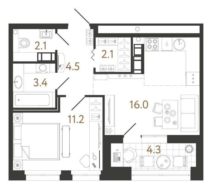 1-комнатная квартира  №544 в Куинджи: 39.3 м², этаж 10 - купить в Санкт-Петербурге