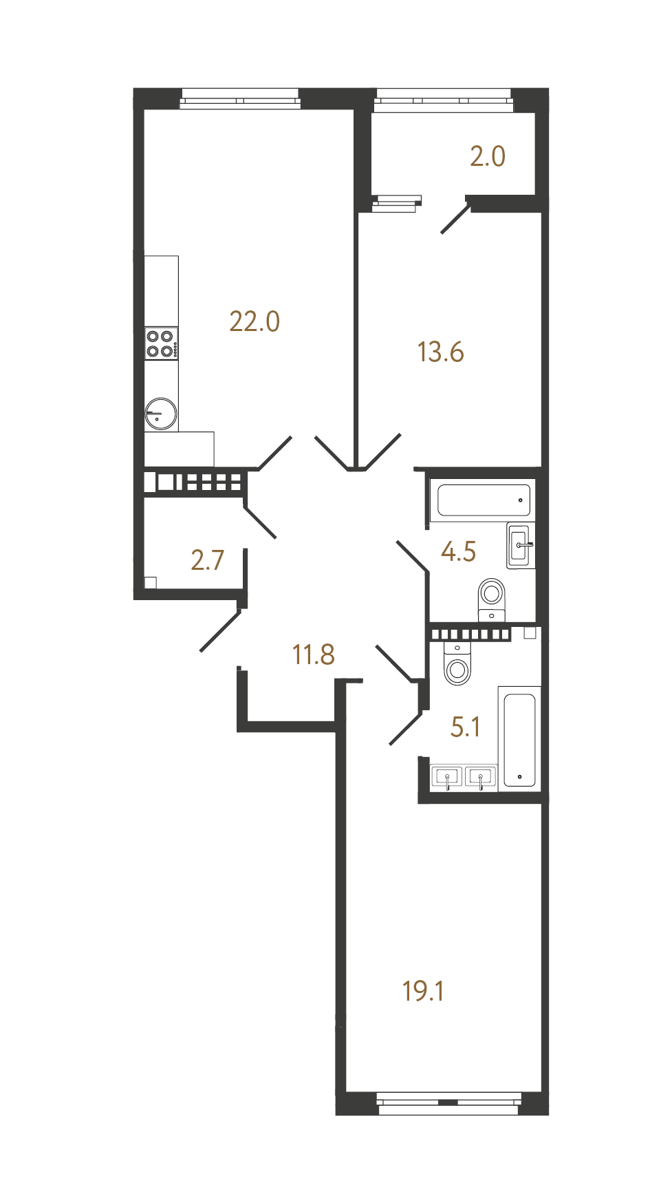 2-комнатная квартира  №181 в Миръ: 78.8 м², этаж 9 - купить в Санкт-Петербурге