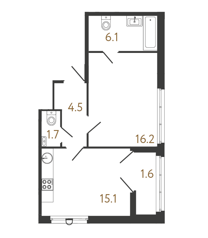 1-комнатная квартира  №171 в Миръ: 43.2 м², этаж 7 - купить в Санкт-Петербурге