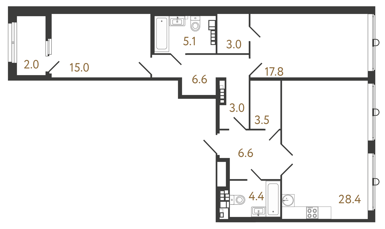 2-комнатная квартира  №79 в Миръ: 93.4 м², этаж 6 - купить в Санкт-Петербурге