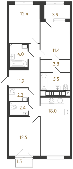 3-комнатная квартира  №195 в Струны I: 84.2 м², этаж 9 - купить в Санкт-Петербурге