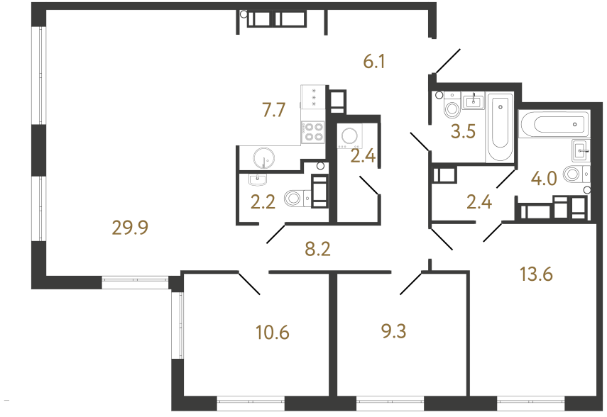 3-комнатная квартира  №166 в Струны I: 99.9 м², этаж 23 - купить в Санкт-Петербурге