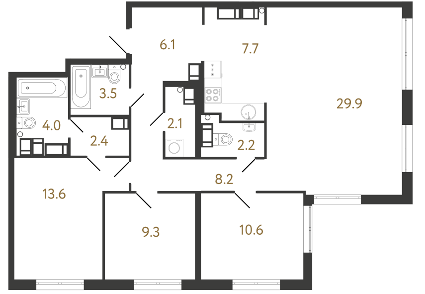 3-комнатная квартира  №165 в Струны I: 99.6 м², этаж 23 - купить в Санкт-Петербурге