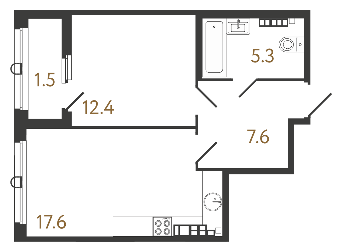 1-комнатная квартира  №166 в Neva Residence: 42.9 м², этаж 6 - купить в Санкт-Петербурге
