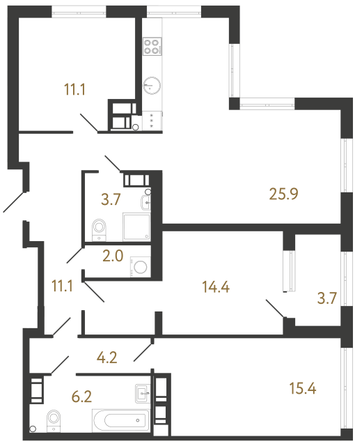 3-комнатная квартира  №565 в Струны I: 94 м², этаж 23 - купить в Санкт-Петербурге