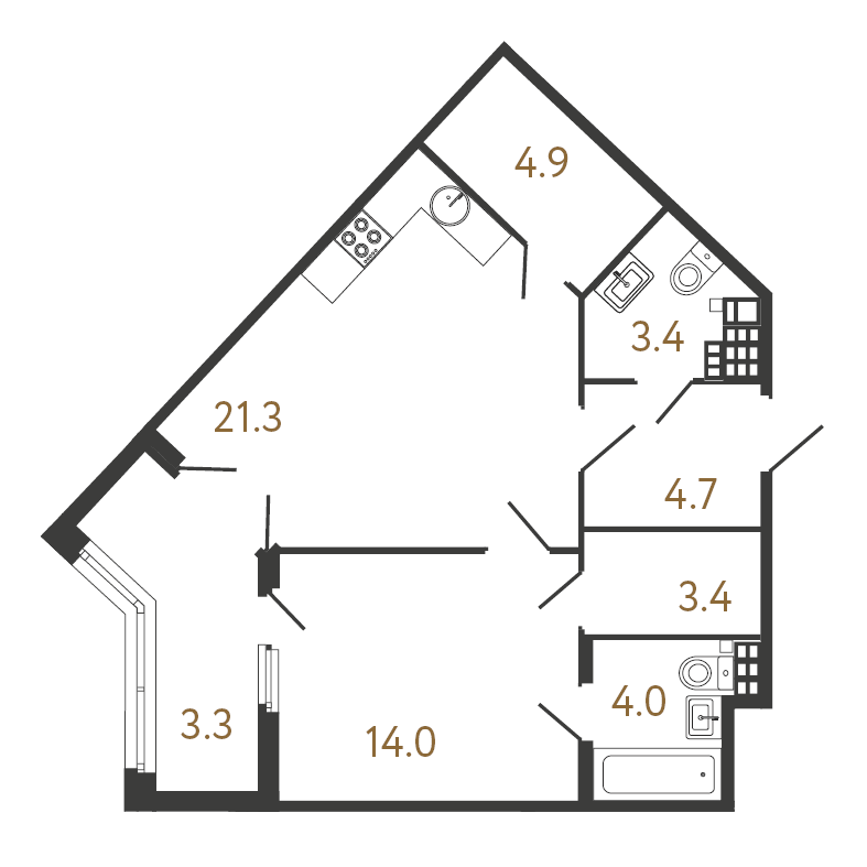 1-комнатная квартира  №174 в Миръ: 55.7 м², этаж 7 - купить в Санкт-Петербурге