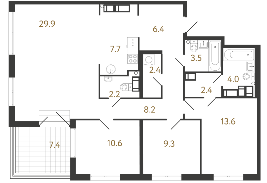 3-комнатная квартира  №162 в Струны: 100.2 м², этаж 22 - купить в Санкт-Петербурге