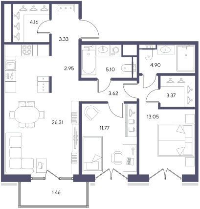 2-комнатная квартира  №123 в Большой, 67: 78.56 м², этаж 8 - купить в Санкт-Петербурге