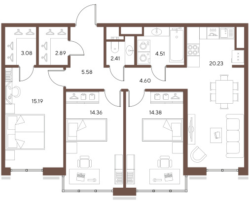 3-комнатная квартира  №36 в Большой, 67: 87.23 м², этаж 2 - купить в Санкт-Петербурге