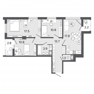 3-комнатная квартира  №566 в ЖК Ultra City ll: 74.8 м², этаж 5 - купить в Санкт-Петербурге