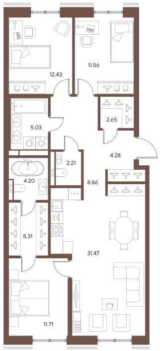 3-комнатная квартира  №136 в Большой, 67: 99.8 м², этаж 3 - купить в Санкт-Петербурге