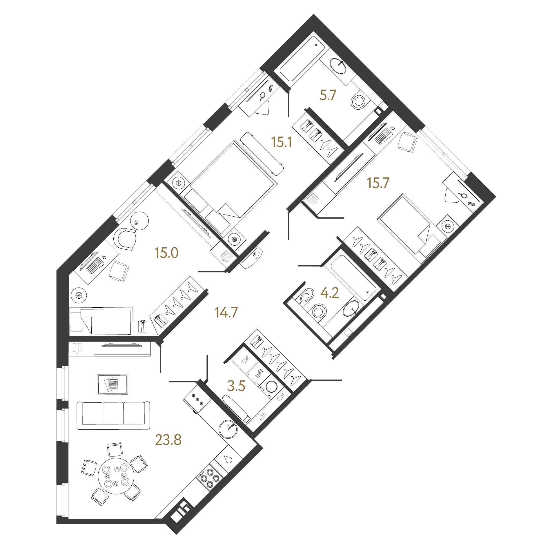 3-комнатная квартира  №247 в Миръ: 97.7 м², этаж 2 - купить в Санкт-Петербурге