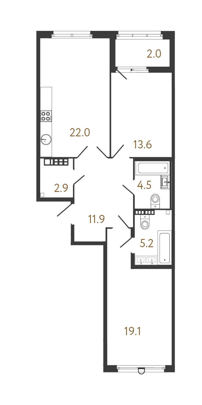 2-комнатная квартира  №169 в Миръ: 79.2 м², этаж 7 - купить в Санкт-Петербурге