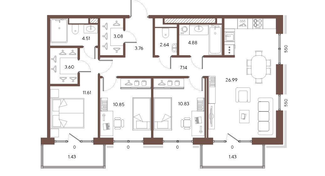 3-комнатная квартира  №122 в Большой, 67: 89.89 м², этаж 8 - купить в Санкт-Петербурге