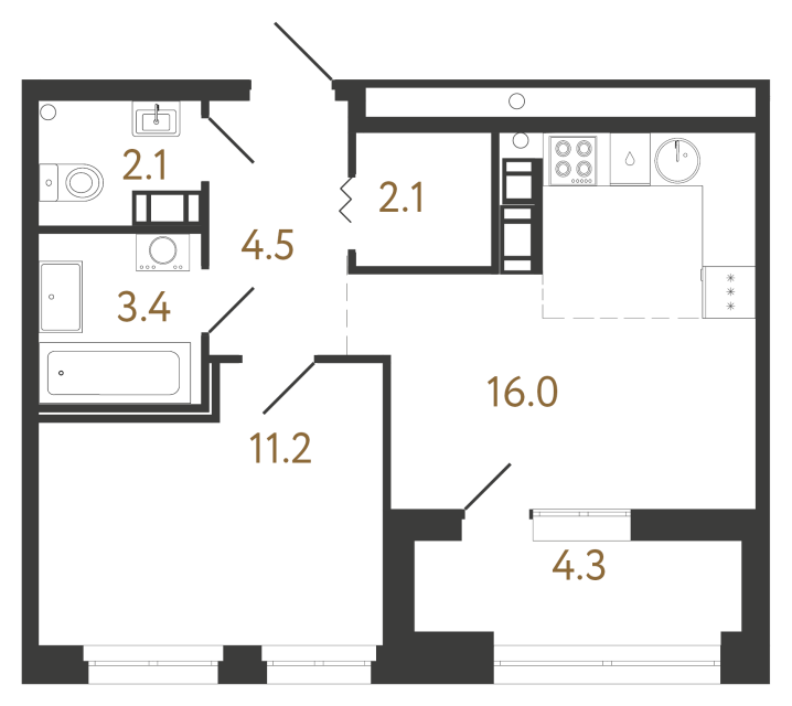 1-комнатная квартира  №534 в Куинджи: 39.3 м², этаж 9 - купить в Санкт-Петербурге