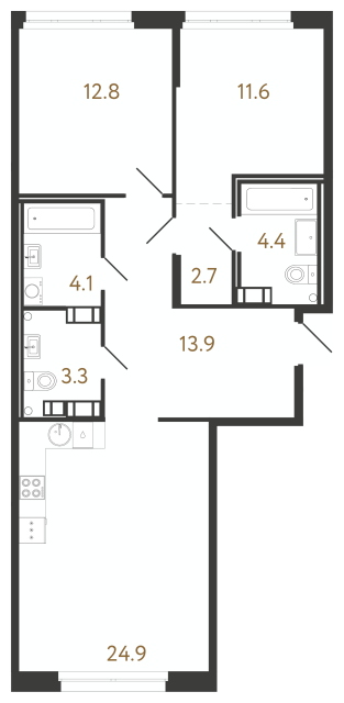 2-комнатная квартира  №6 в Куинджи: 77.7 м², этаж 3 - купить в Санкт-Петербурге