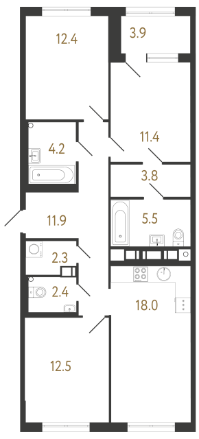 3-комнатная квартира  №171 в Струны I: 84.4 м², этаж 3 - купить в Санкт-Петербурге