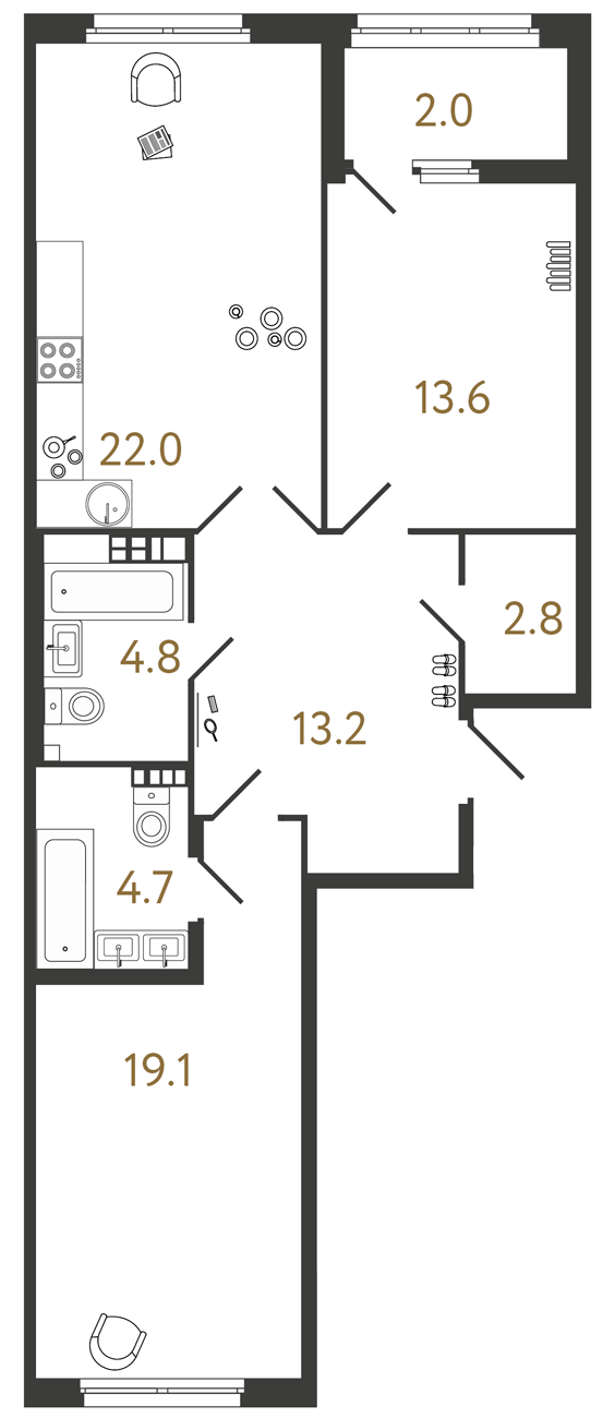 2-комнатная квартира  №113 в Миръ: 80.2 м², этаж 5 - купить в Санкт-Петербурге