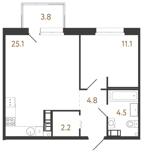 1-комнатная квартира  №375 в Куинджи: 47.7 м², этаж 6 - купить в Санкт-Петербурге