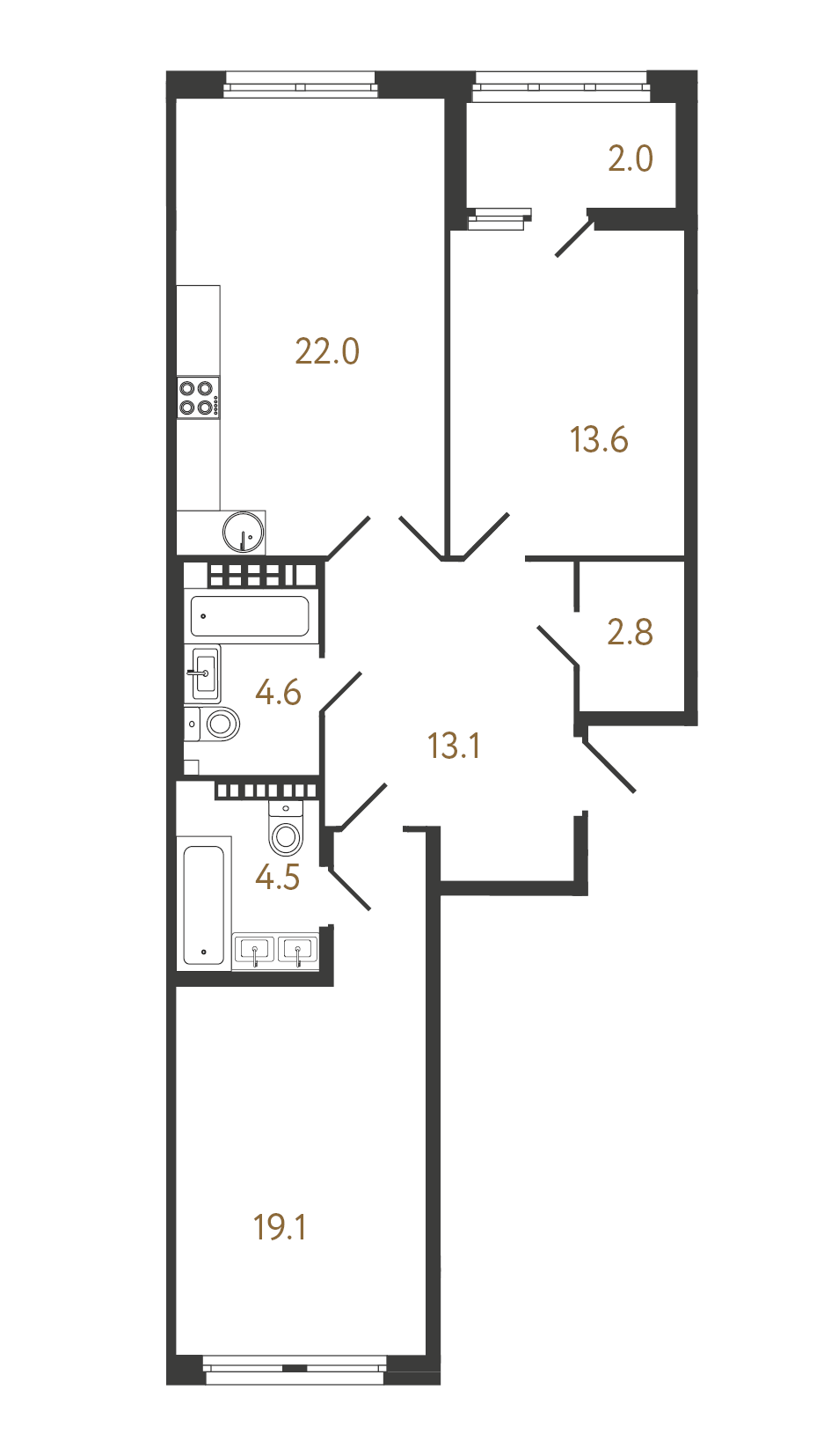 2-комнатная квартира  №135 в Миръ: 79.7 м², этаж 9 - купить в Санкт-Петербурге
