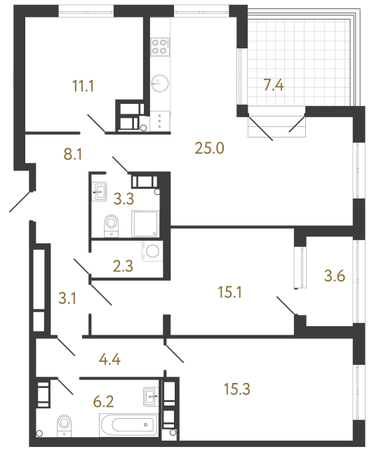 3-комнатная квартира  №160 в Струны I: 93.9 м², этаж 22 - купить в Санкт-Петербурге