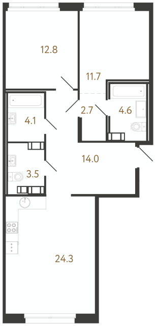 2-комнатная квартира  №86 в Куинджи: 77.7 м², этаж 13 - купить в Санкт-Петербурге